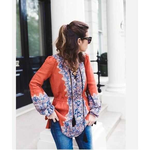 Free People burnt brick orange paisley‎ boho tunic top Sz L lagenlook - Picture 1 of 7
